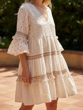 NAOO BOHO LACE/EYELET TIERED EMBROIDERED CROCHET SIZE LARGE DRESS. 100% COTTON